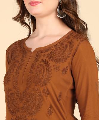 Women brown ethnic motifs embroidered chikankari liva rayon kurta palazzo set 4