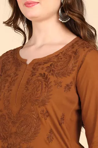 Women brown ethnic motifs embroidered chikankari liva rayon kurta palazzo set