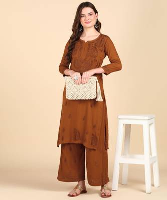 Women brown ethnic motifs embroidered chikankari liva rayon kurta palazzo set 5