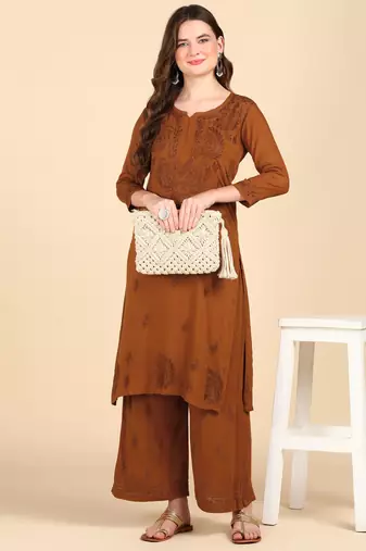 Women brown ethnic motifs embroidered chikankari liva rayon kurta palazzo set