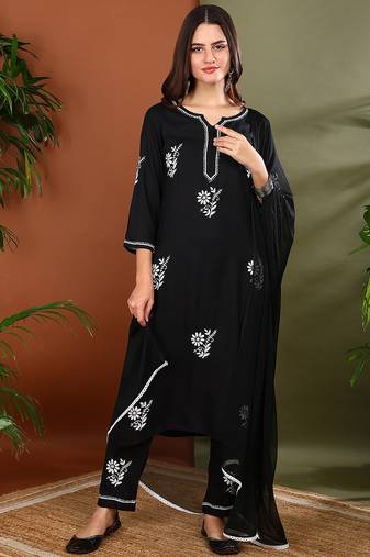 Women black rayon floral embroidered chikankari kurta with side pockets palazzo & dupatta