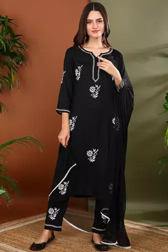 Women black rayon floral embroidered chikankari kurta with side pockets palazzo & dupatta