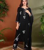 Women black rayon floral embroidered chikankari kurta with side pockets palazzo & dupatta