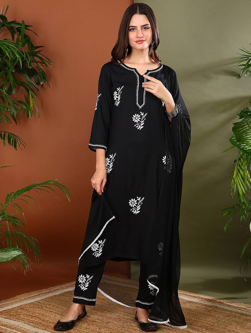 Women black rayon floral embroidered chikankari kurta with side pockets palazzo & dupatta