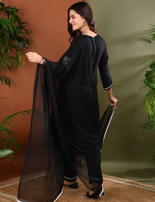Women black rayon floral embroidered chikankari kurta with side pockets palazzo & dupatta 2