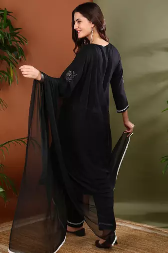 Women black rayon floral embroidered chikankari kurta with side pockets palazzo & dupatta