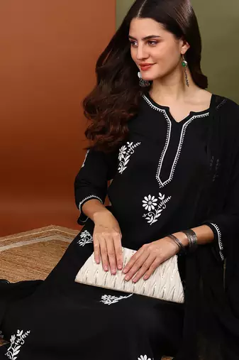 Women black rayon floral embroidered chikankari kurta with side pockets palazzo & dupatta
