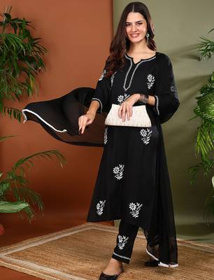 Women black rayon floral embroidered chikankari kurta with side pockets palazzo & dupatta 4