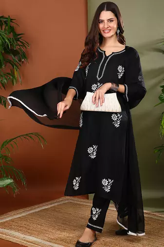 Women black rayon floral embroidered chikankari kurta with side pockets palazzo & dupatta