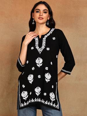 Women lucknowi chikankari hand embroidered black liva rayon floral embroidered short straight kurti 1