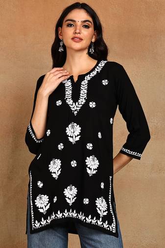 Women lucknowi chikankari hand embroidered black liva rayon floral embroidered short straight kurti