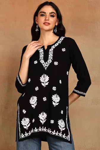Women lucknowi chikankari hand embroidered black liva rayon floral embroidered short straight kurti