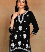 Women lucknowi chikankari hand embroidered black liva rayon floral embroidered short straight kurti
