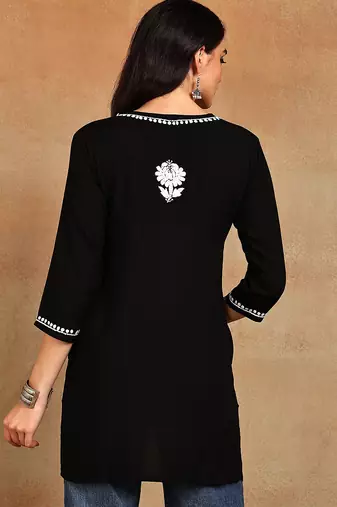 Women lucknowi chikankari hand embroidered black liva rayon floral embroidered short straight kurti