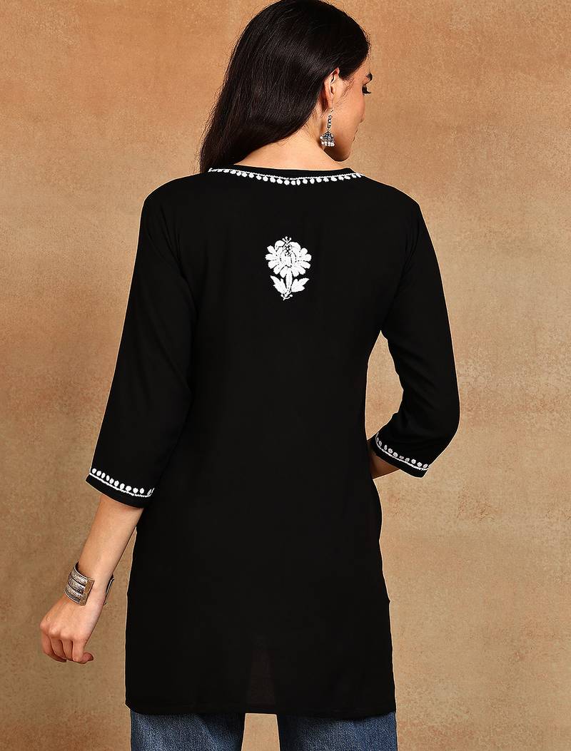 Women lucknowi chikankari hand embroidered black liva rayon floral embroidered short straight kurti