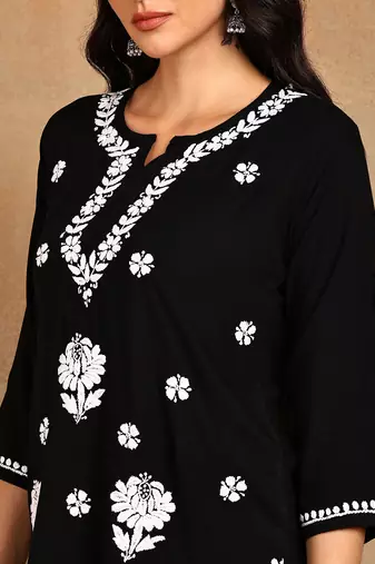 Women lucknowi chikankari hand embroidered black liva rayon floral embroidered short straight kurti
