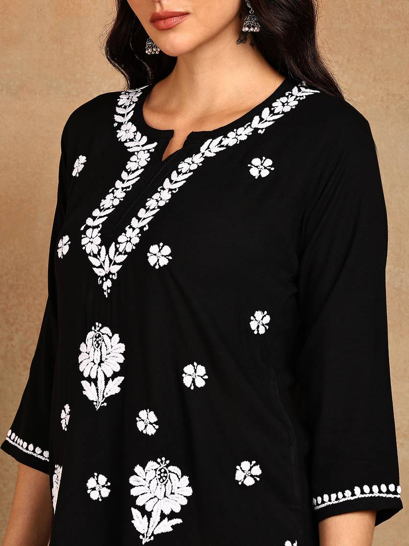 Women lucknowi chikankari hand embroidered black liva rayon floral embroidered short straight kurti