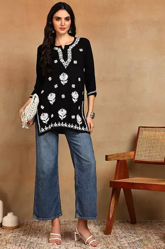 Women lucknowi chikankari hand embroidered black liva rayon floral embroidered short straight kurti
