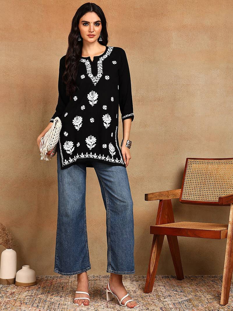 Women lucknowi chikankari hand embroidered black liva rayon floral embroidered short straight kurti