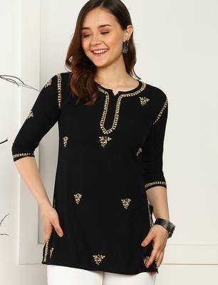 Women lucknowi chikankari floral motifs embroidered liva rayon black kurti 1