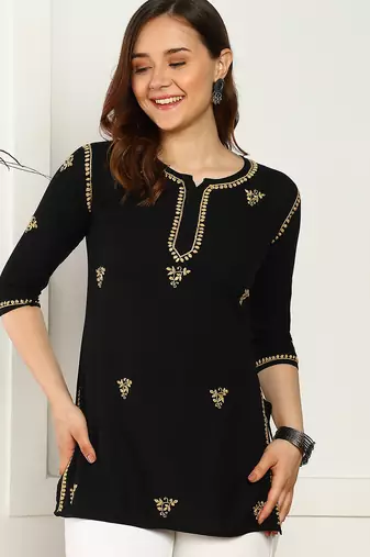 Women lucknowi chikankari floral motifs embroidered liva rayon black kurti