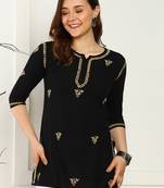 Women lucknowi chikankari floral motifs embroidered liva rayon black kurti