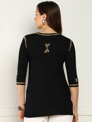 Women lucknowi chikankari floral motifs embroidered liva rayon black kurti 2