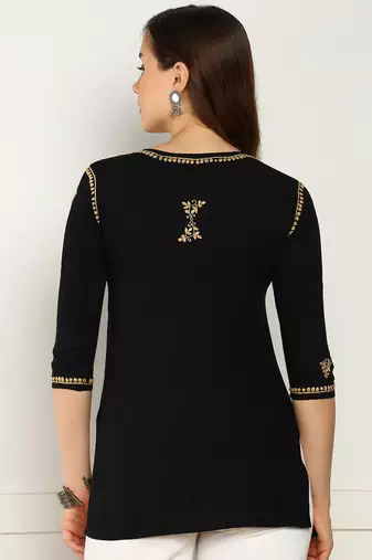 Women lucknowi chikankari floral motifs embroidered liva rayon black kurti