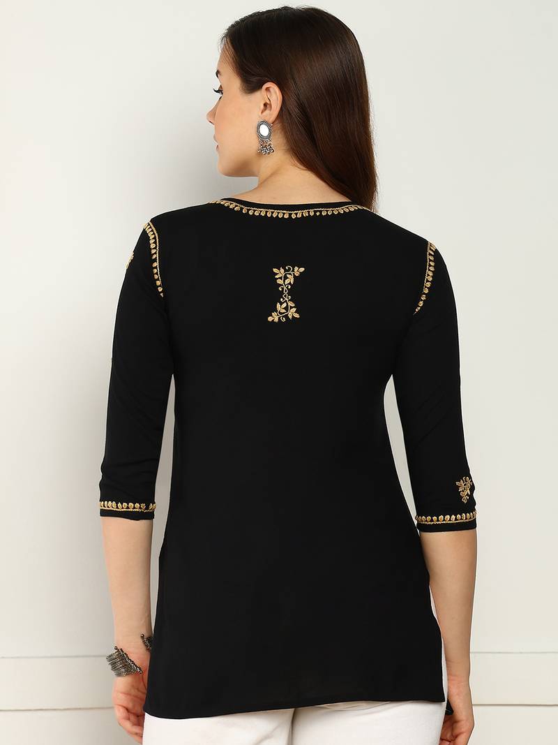 Women lucknowi chikankari floral motifs embroidered liva rayon black kurti