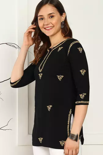 Women lucknowi chikankari floral motifs embroidered liva rayon black kurti