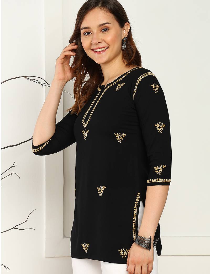 Women lucknowi chikankari floral motifs embroidered liva rayon black kurti