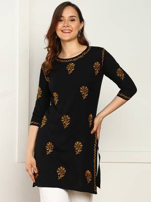 Women lucknowi chikankari floral motifs embroidered liva rayon black kurti 1