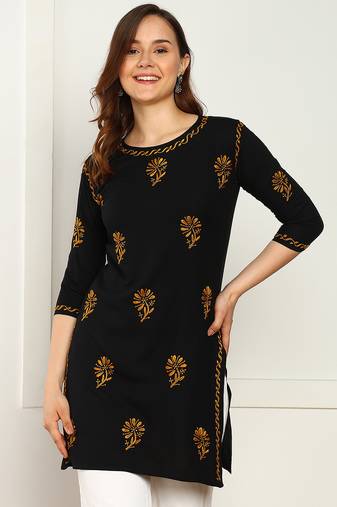 Women lucknowi chikankari floral motifs embroidered liva rayon black kurti
