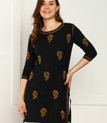 Women lucknowi chikankari floral motifs embroidered liva rayon black kurti
