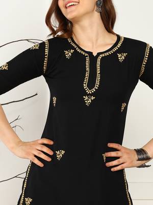 Women lucknowi chikankari floral motifs embroidered liva rayon black kurti 4