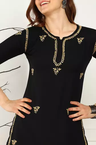 Women lucknowi chikankari floral motifs embroidered liva rayon black kurti