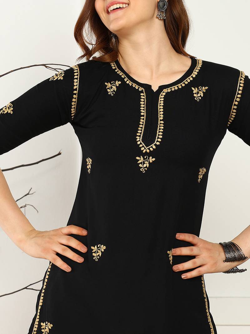 Women lucknowi chikankari floral motifs embroidered liva rayon black kurti