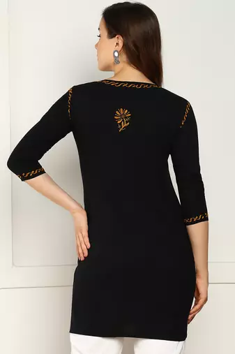Women lucknowi chikankari floral motifs embroidered liva rayon black kurti
