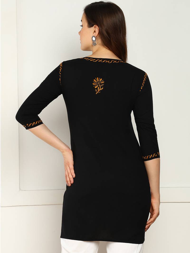 Women lucknowi chikankari floral motifs embroidered liva rayon black kurti