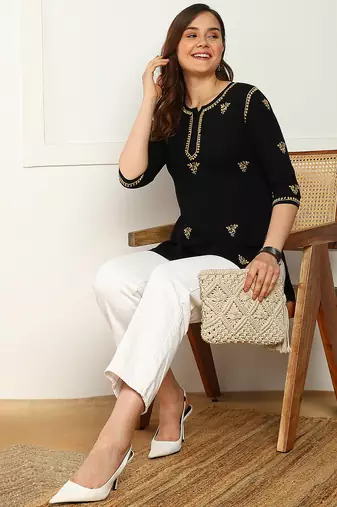 Women lucknowi chikankari floral motifs embroidered liva rayon black kurti