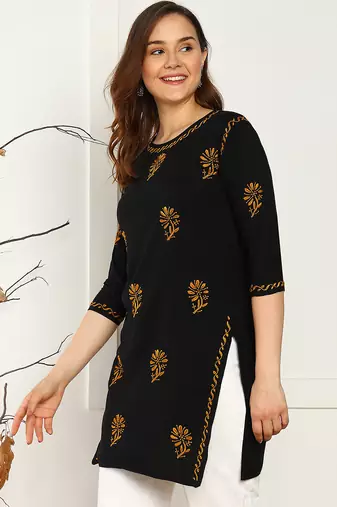 Women lucknowi chikankari floral motifs embroidered liva rayon black kurti