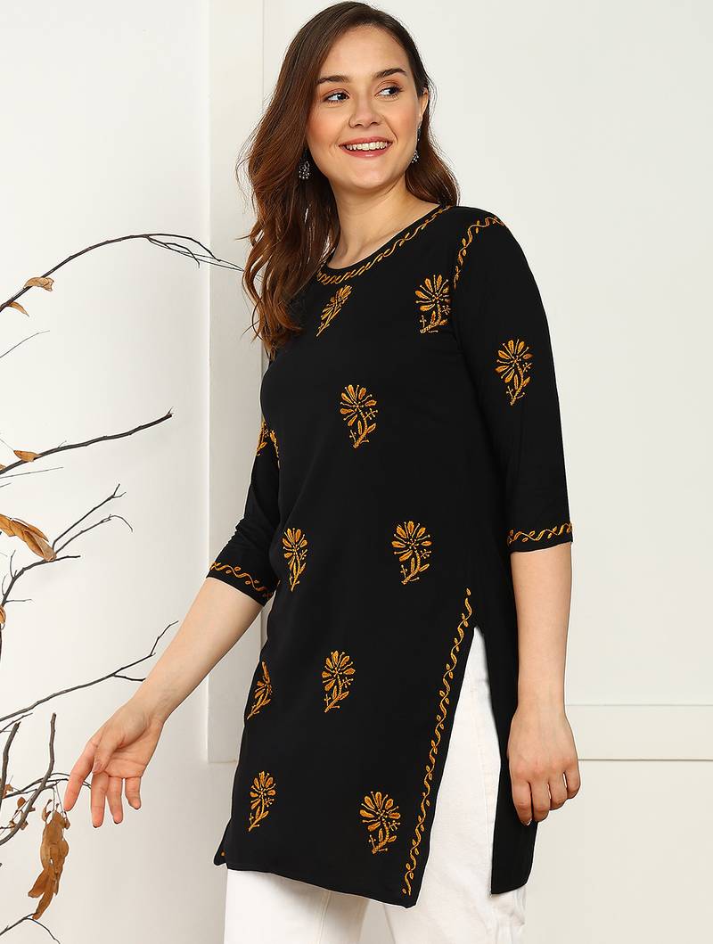Women lucknowi chikankari floral motifs embroidered liva rayon black kurti