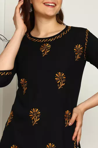 Women lucknowi chikankari floral motifs embroidered liva rayon black kurti