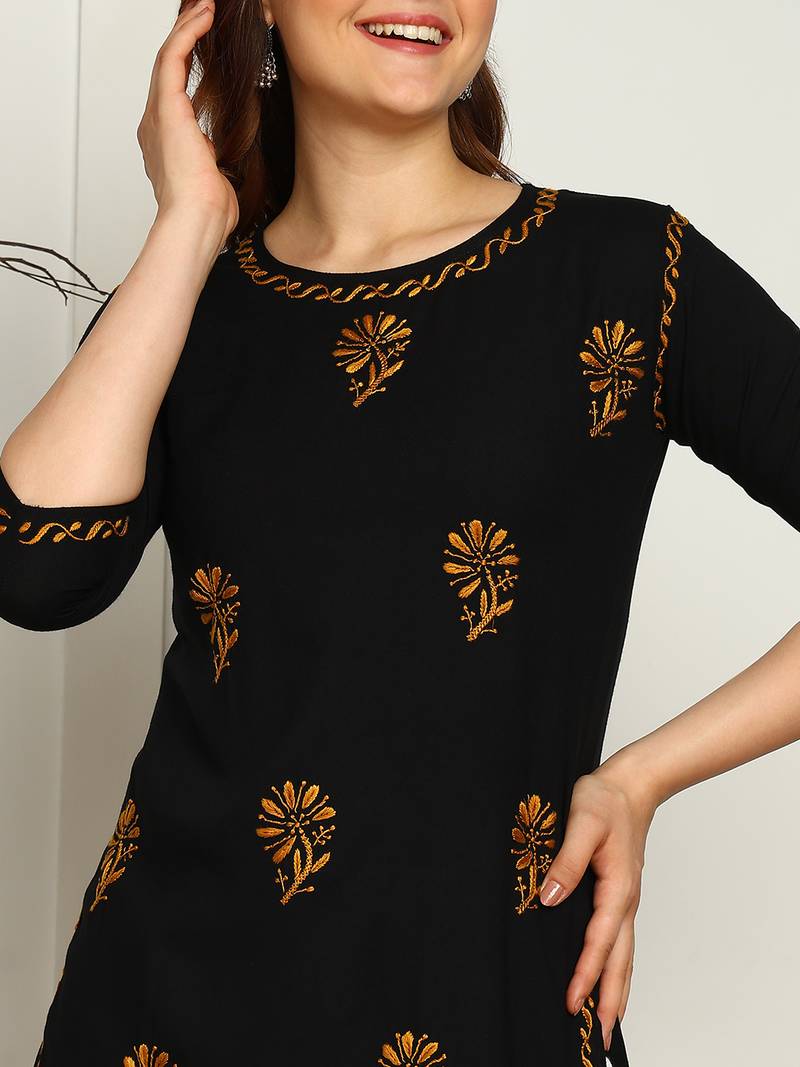 Women lucknowi chikankari floral motifs embroidered liva rayon black kurti