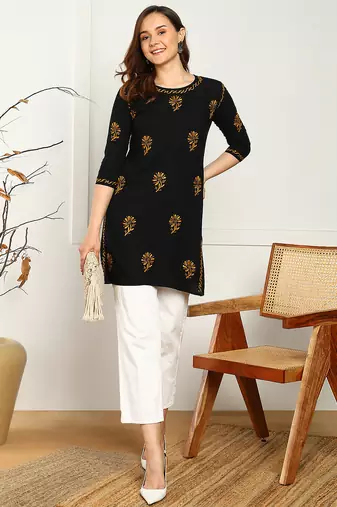 Women lucknowi chikankari floral motifs embroidered liva rayon black kurti