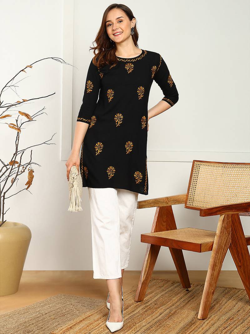 Women lucknowi chikankari floral motifs embroidered liva rayon black kurti