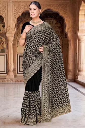 Black zari embroidered work georgette designer saree for women