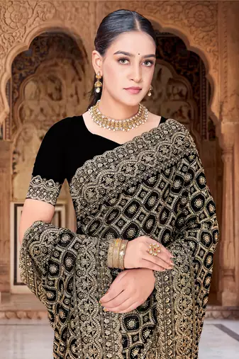 Black zari embroidered work georgette designer saree for women