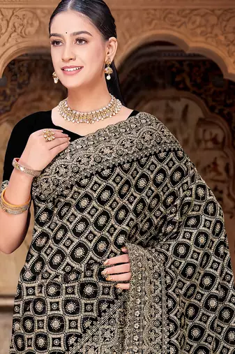 Black zari embroidered work georgette designer saree for women