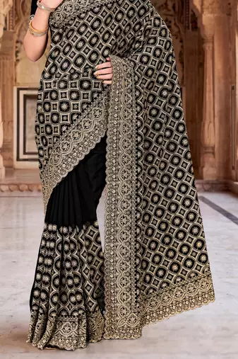 Black zari embroidered work georgette designer saree for women